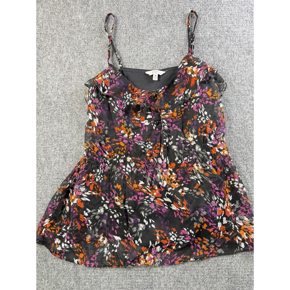 Candie's Womens M Floral Chiffon Cami Top Ruffle Black Pink Orange Y2K